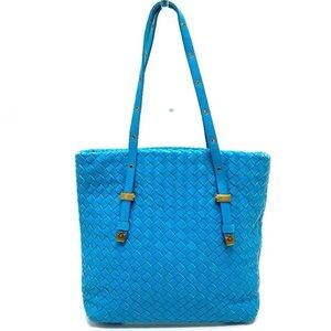 Authentic Bottega Veneta intrecciato Leather blue tote. Luxury Shoulder bag